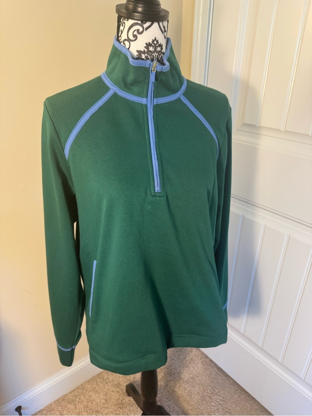Crown & Ivy Forest Green Quarter-Zip Pullover with Light Blue Trim NWT
